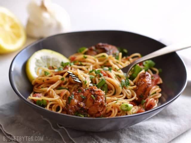 Blackened Shrimp Pasta - A 30 minute Pasta Dinner with Fresh Shrimp, Homemade Blackening Seasoning, Tomatoes, and Fresh Herbs. - BudgetBytes.com