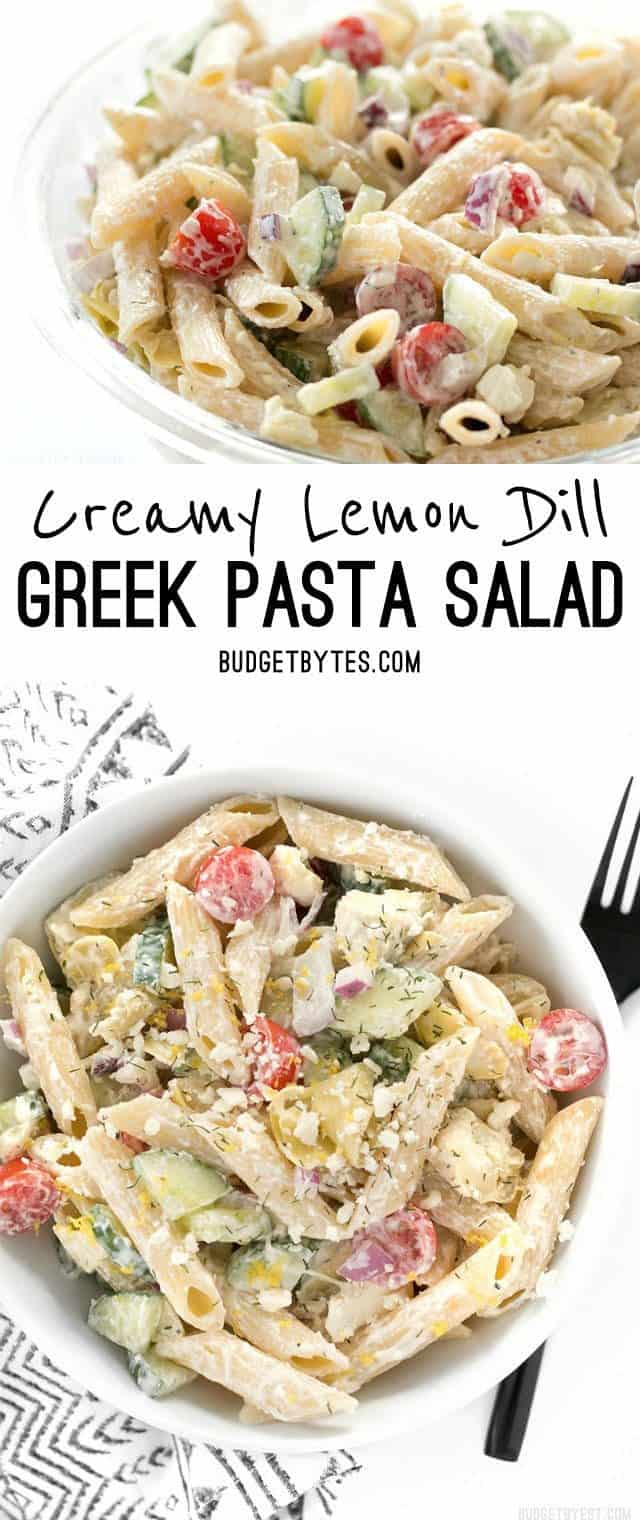 Creamy Lemon Dill Greek Pasta Salad is packed with bold flavors and fresh vegetables, making it a delicious light lunch. BudgetBytes.com