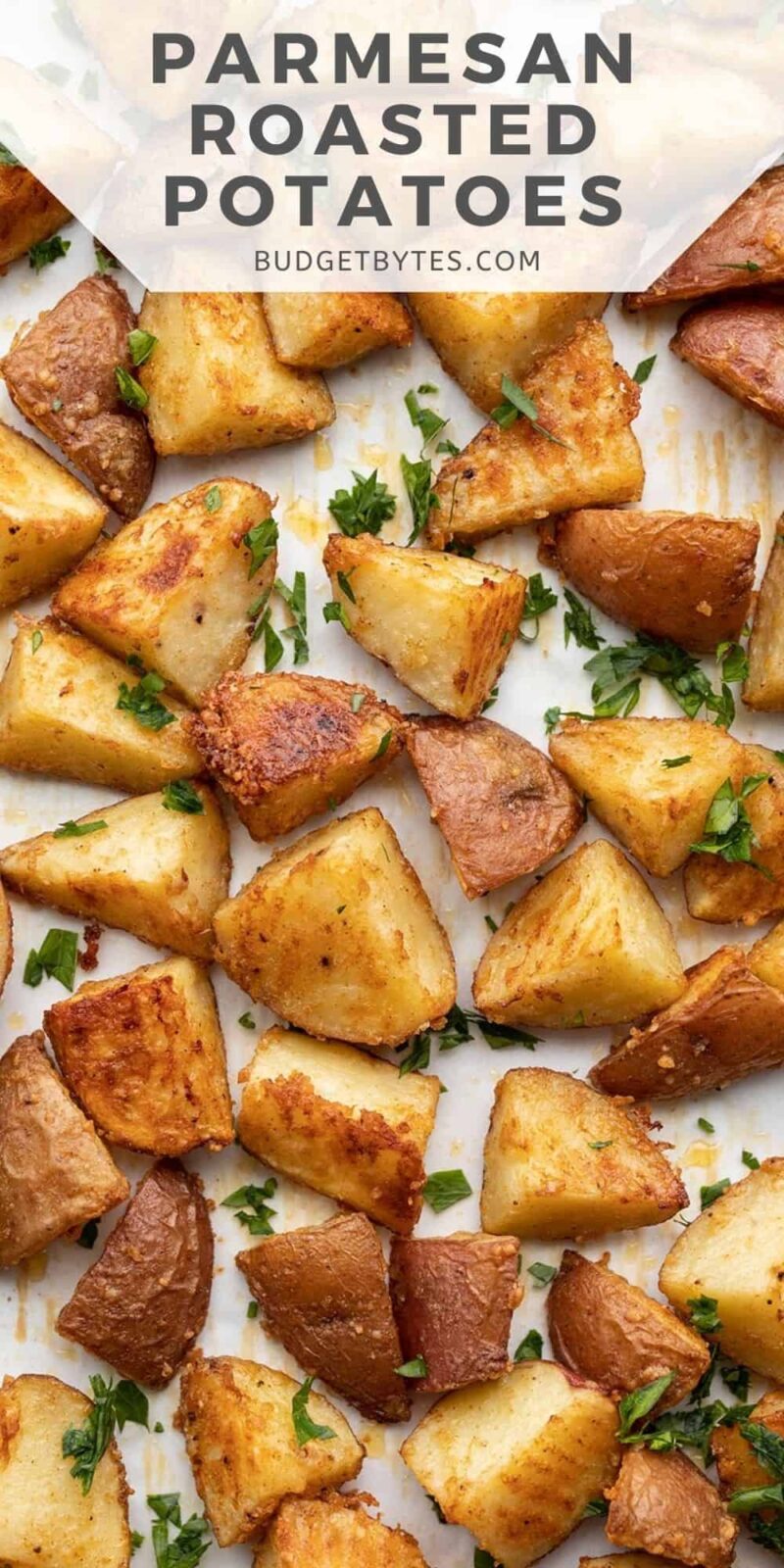 close up of Parmesan roasted potatoes with title text at the top