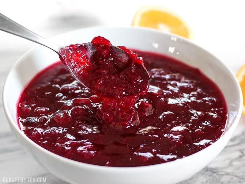 Close up of a spoonful of thick cranberry sauce, made from scratch, with orange essence.