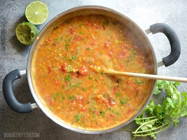 Mexican Red Lentil Stew finished in pot, with lime and parsley on side- BudgetBytes.com