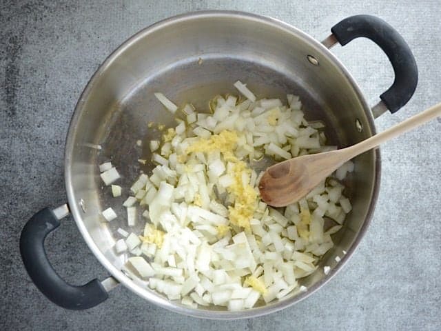 Onion and Garlic in pan ready to sauté