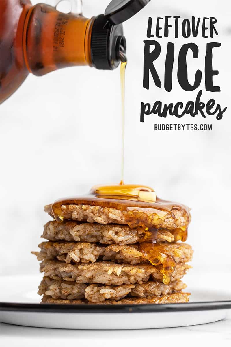 Maple syrup being poured onto a stack of rice pancakes. Title text at the top.