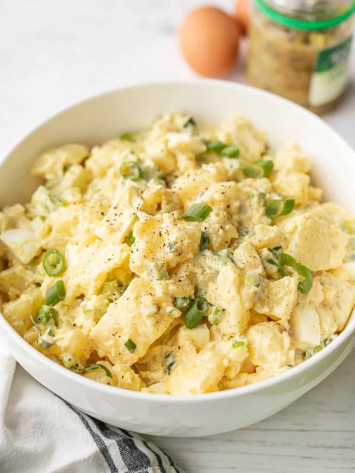 front view of a bowl full of southern style potato salad