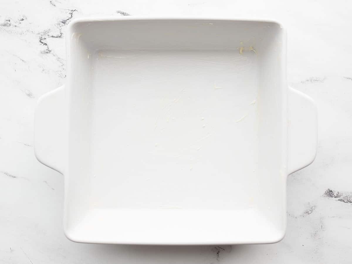 buttered square baking dish