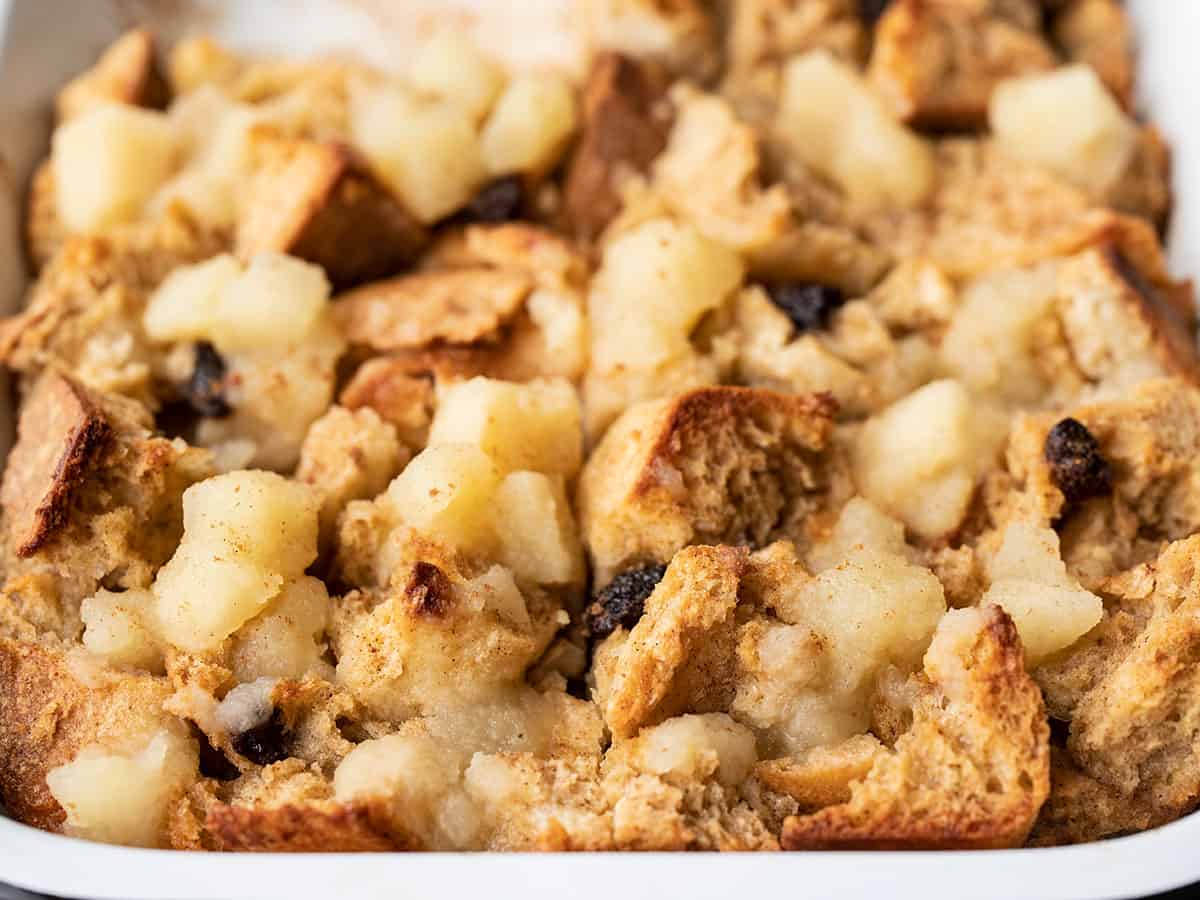 close up side view of french toast casserole