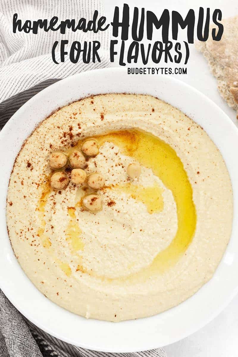 Homemade hummus is quick, easy, and inexpensive, and can be made with several different flavor add-ins. Here are four delicious flavors to try. Budgetbytes.com