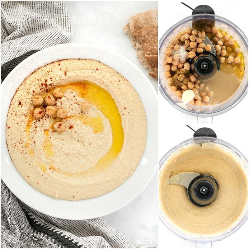 Process shot of Homemade Hummus from raw ingredients to fully blended.