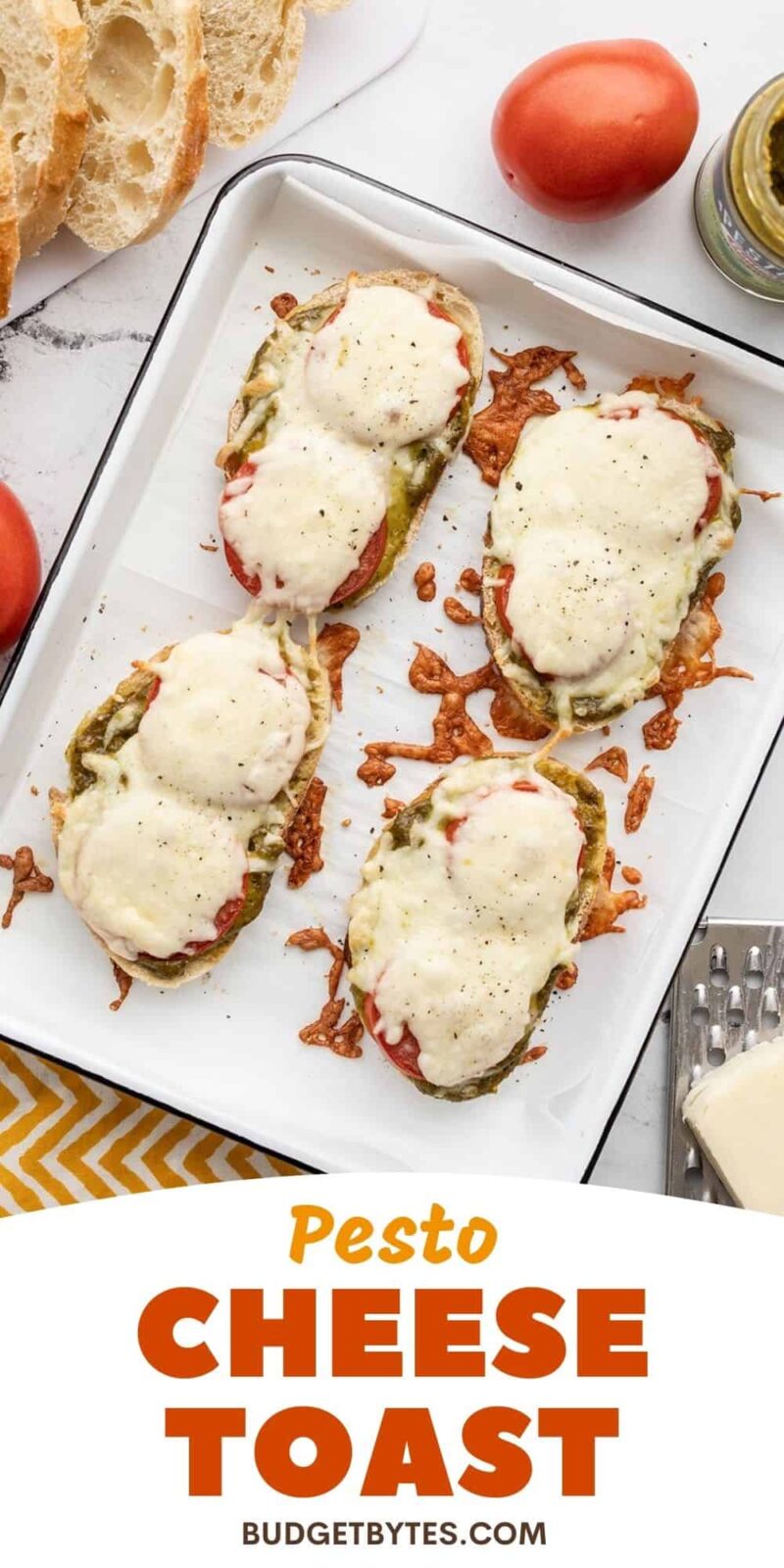 pesto cheese toasts on a baking sheet, title text at the bottom