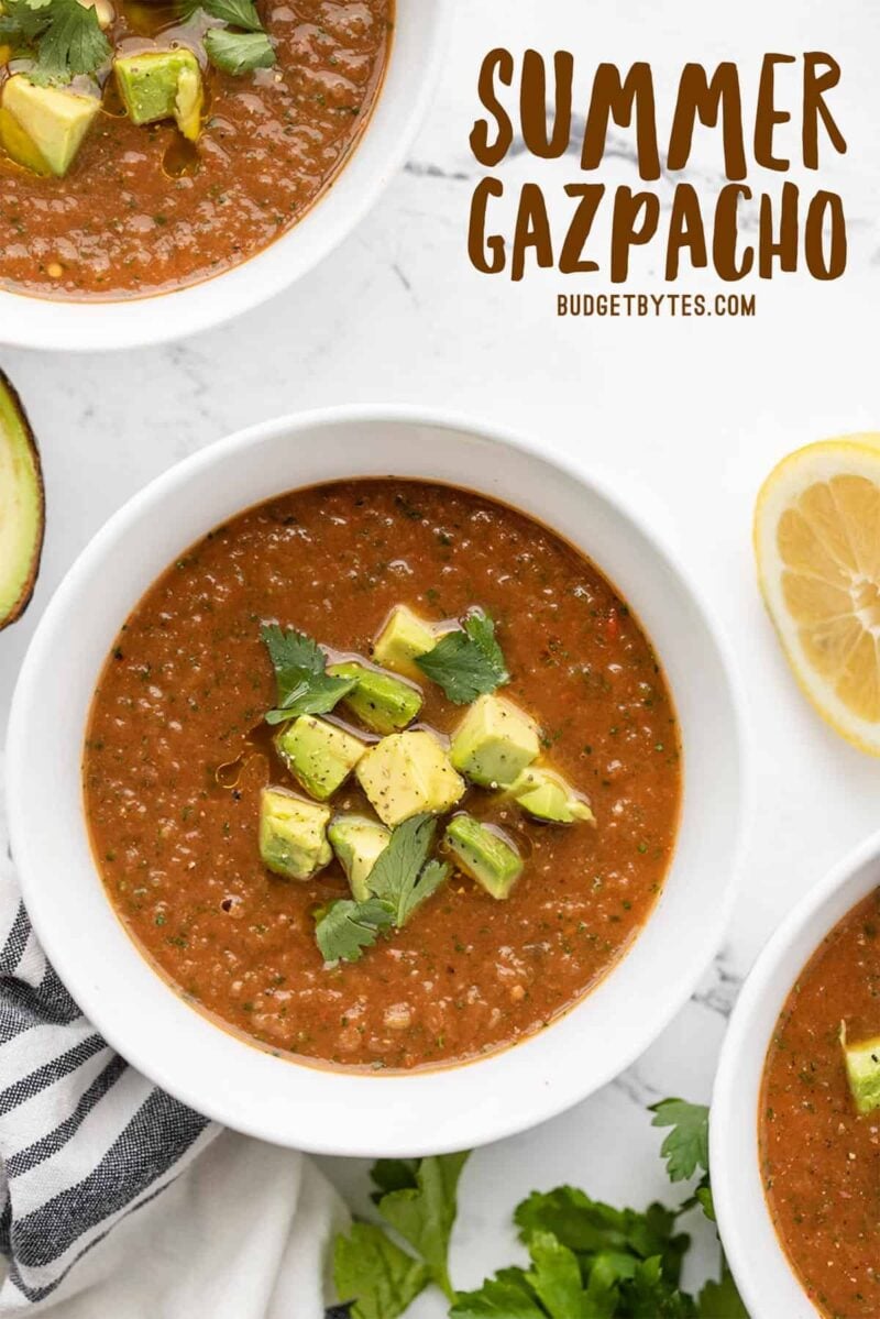 Overhead view of three bowls of gazpacho with title text at the top