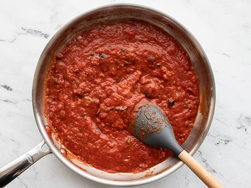 Simmered Puttanesca Sauce in the skillet