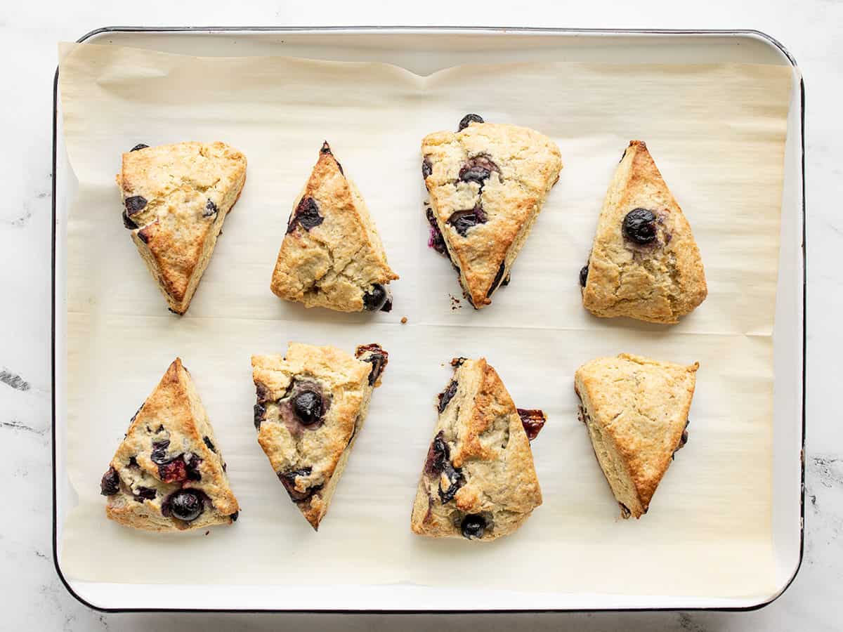 Baked blueberry scones on the baking sheet