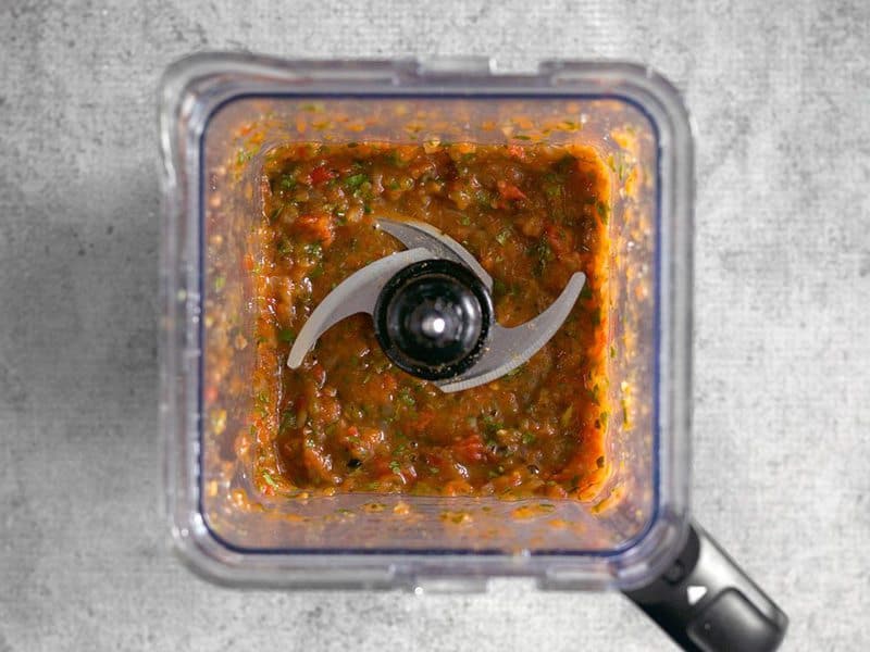 Top view of Blended Salsa in blender 