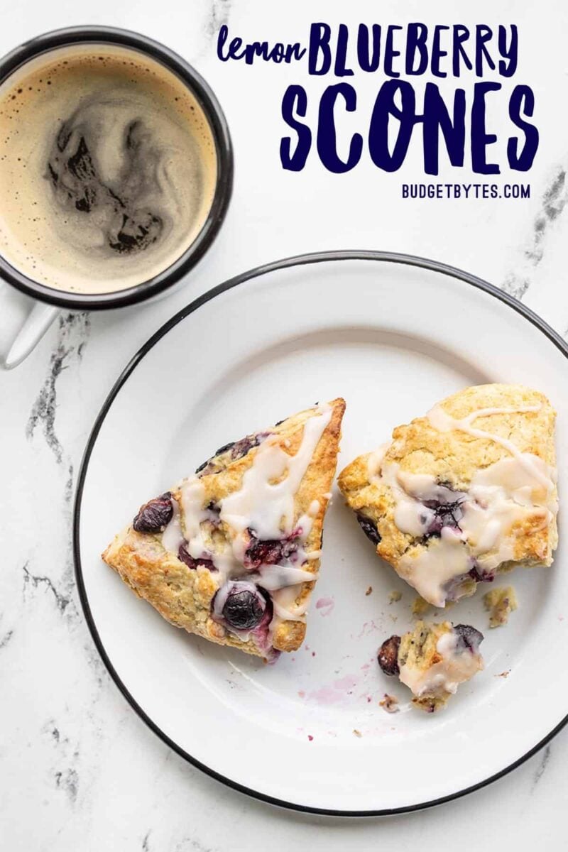 Two scones on a plate next to a cup of coffee, title text at the top