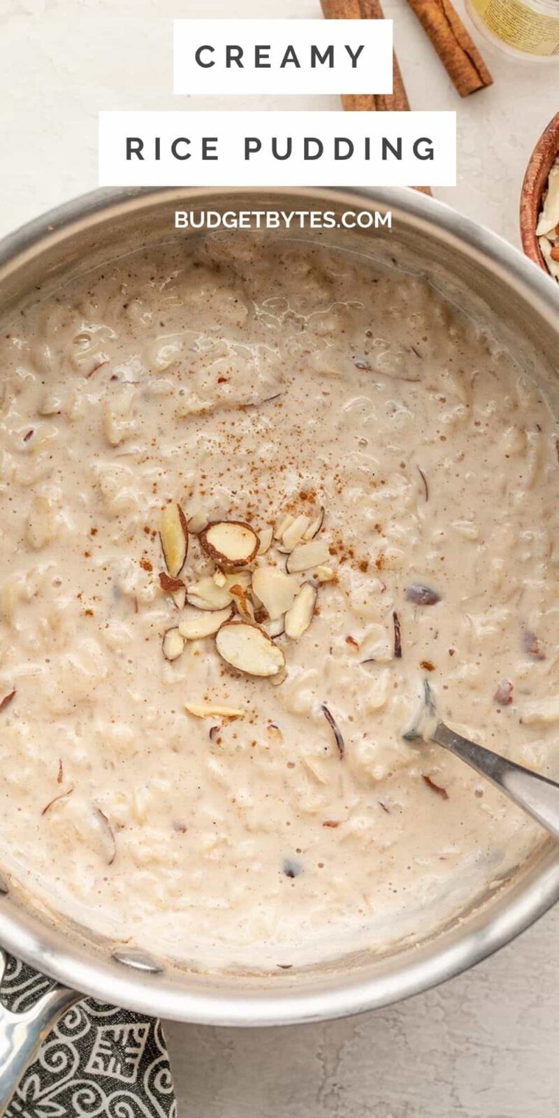Close up overhead view of a pot full of rice pudding garnished with almonds.