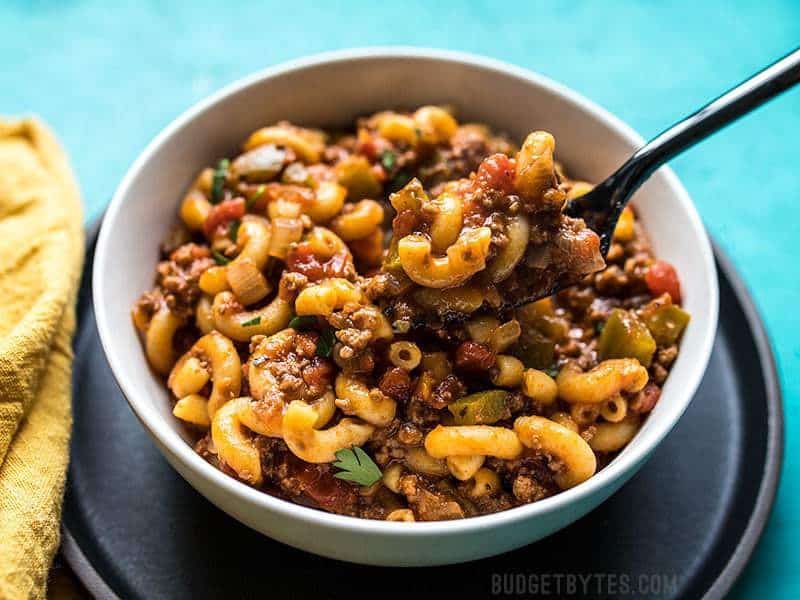This easy one pot version of American Goulash cooks the pasta and beef in the same pot with a homemade red wine tomato sauce for extra flavor. Budgetbytes.com A forkful of warm and comforting One Pot American Goulash
