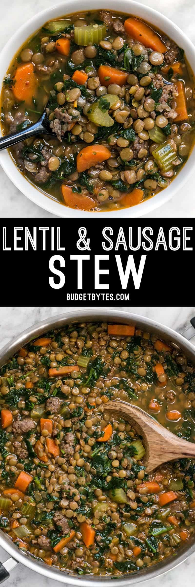 Lentil & Sausage Stew is a fast and easy soup bursting with flavor and chock full of good-for-you vegetables! Plus it freezes well for later. BudgetBytes.com