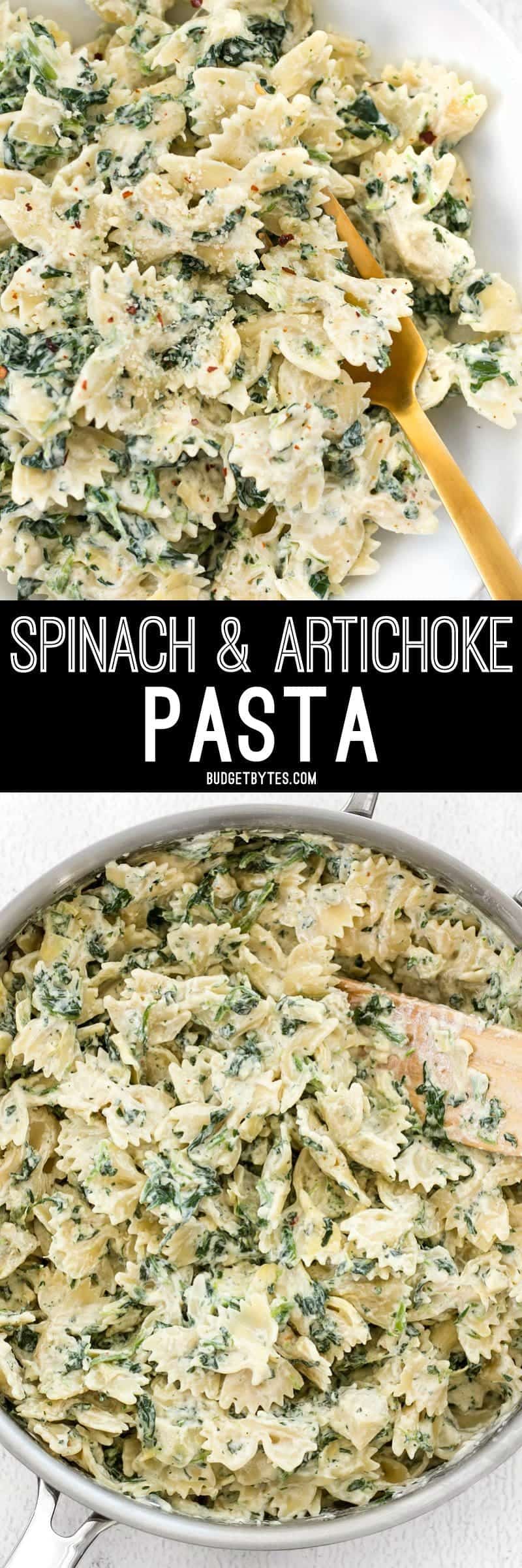 It's like having your favorite restaurant appetizer for dinner! Spinach artichoke pasta is filling, flavorful, and creamy! BudgetBytes.com