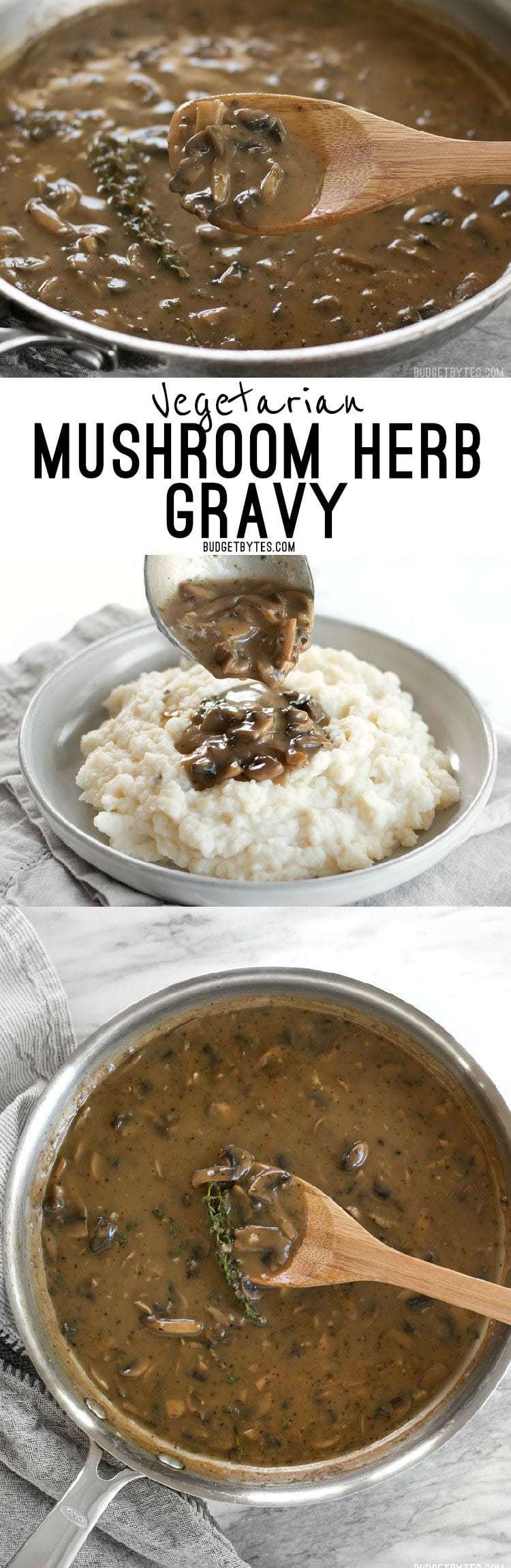 Collage of images of mushroom herb gravy with title text in the center.