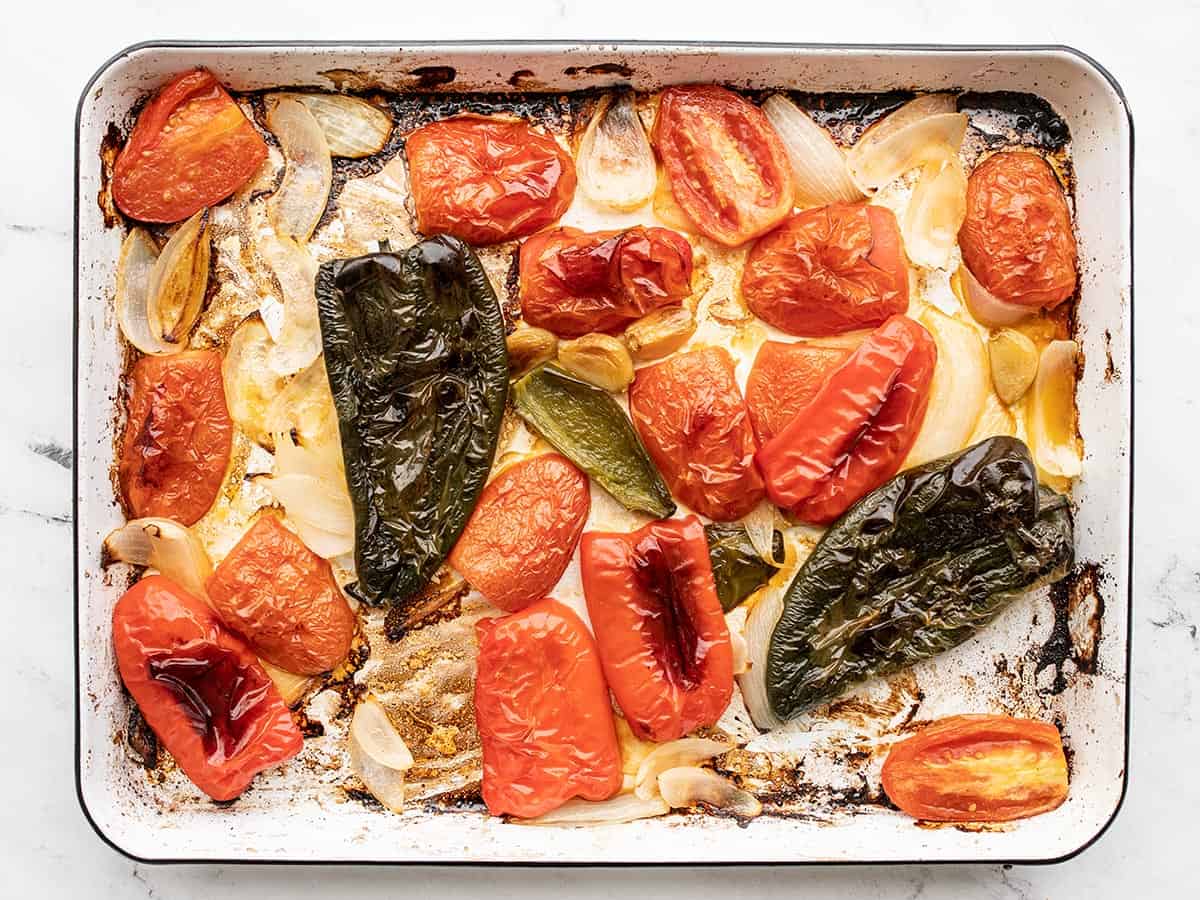 Roasted vegetables on the baking sheet