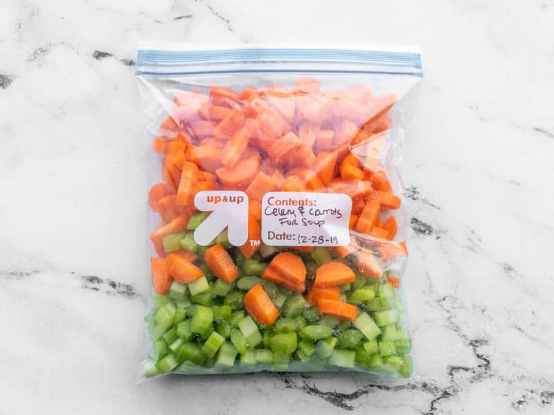 Pre-chopped carrot and celery in a freezer bag