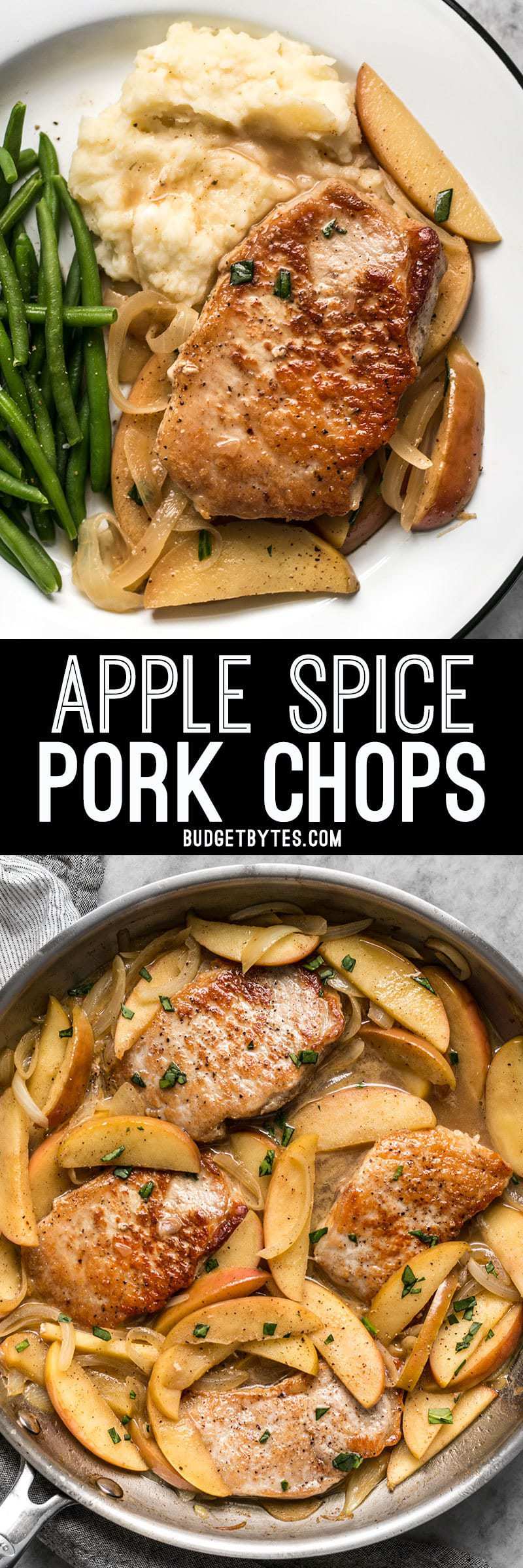 These Apple Spice Pork Chops are smothered with apples, onions, cinnamon, and butter which make a rich, flavorful, sweet, and savory main dish. BudgetBytes.com