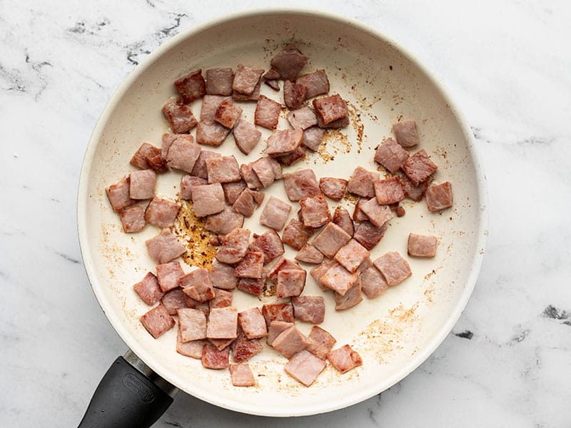 Cooked ham in the skillet