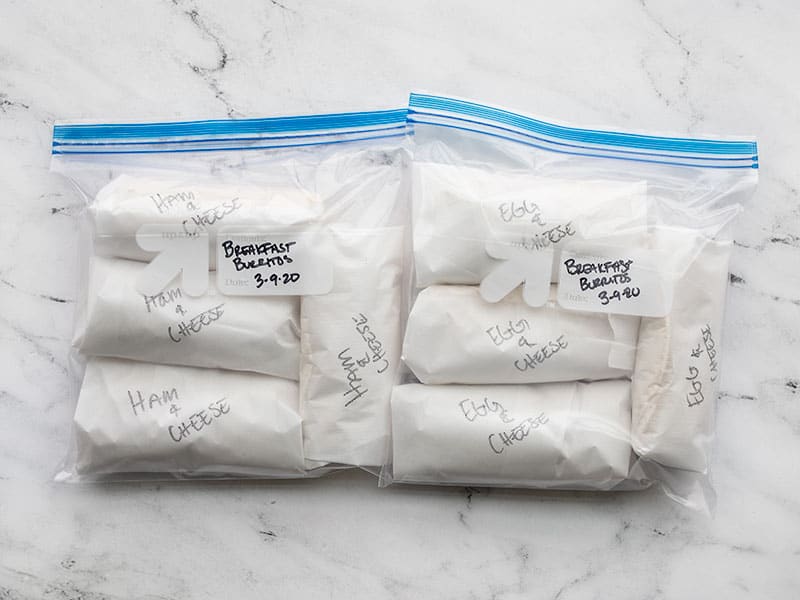 Breakfast burritos in freezer bags