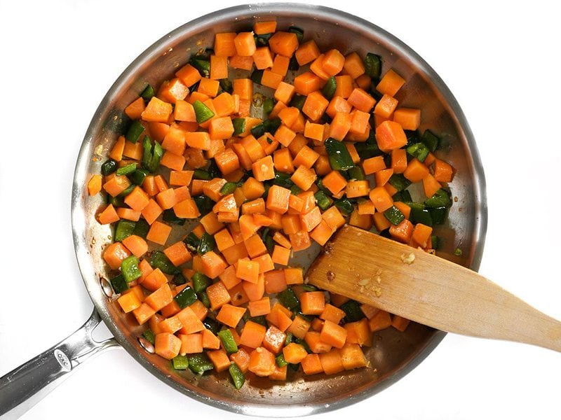 Sautéed Sweet Potato and Poblano in the skillet