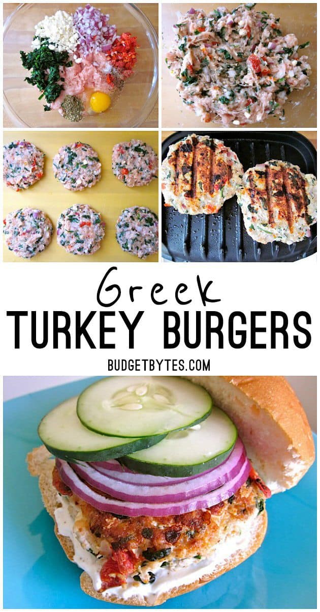 Greek Turkey Burgers are a healthy mix of ground turkey and Mediterranean flavors. BudgetBytes.com