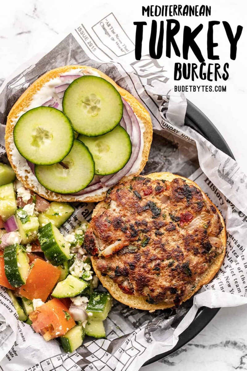 Overhead view of a mediterranean turkey burger on a paper lined plate, title text at the top