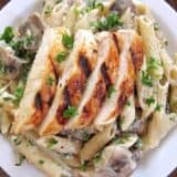 Mushroom pasta displayed from above.