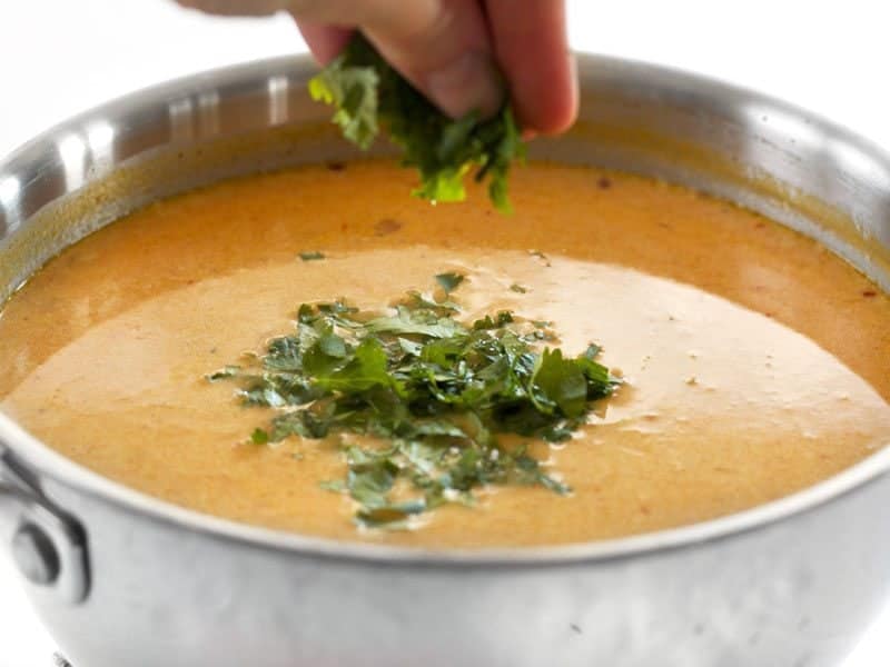 Chopped Cilantro being added to pot of soup 