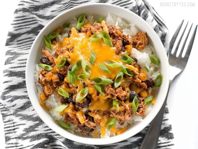 Overhead shot of a Slow Cooker Taco Chicken Bowl