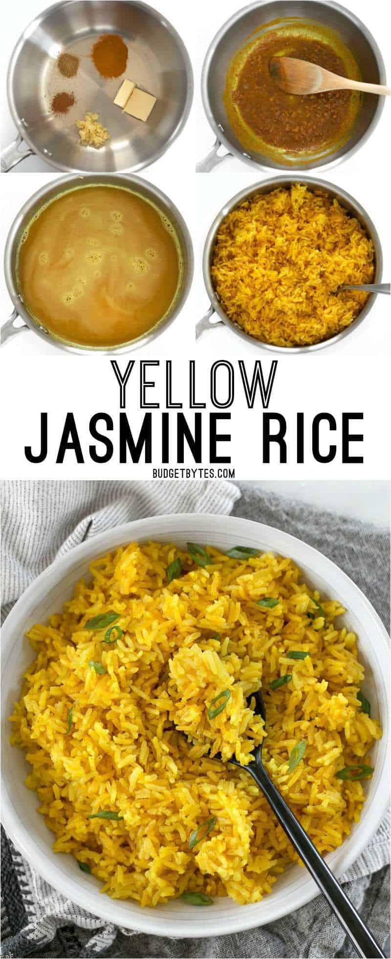 This savory Yellow Jasmine Rice combines warm and fragrant Indian spices and chicken broth to make the most flavorful rice you've ever tasted! BudgetBytes.com