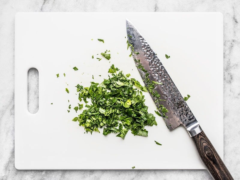 Chopped Parsley on a cutting board