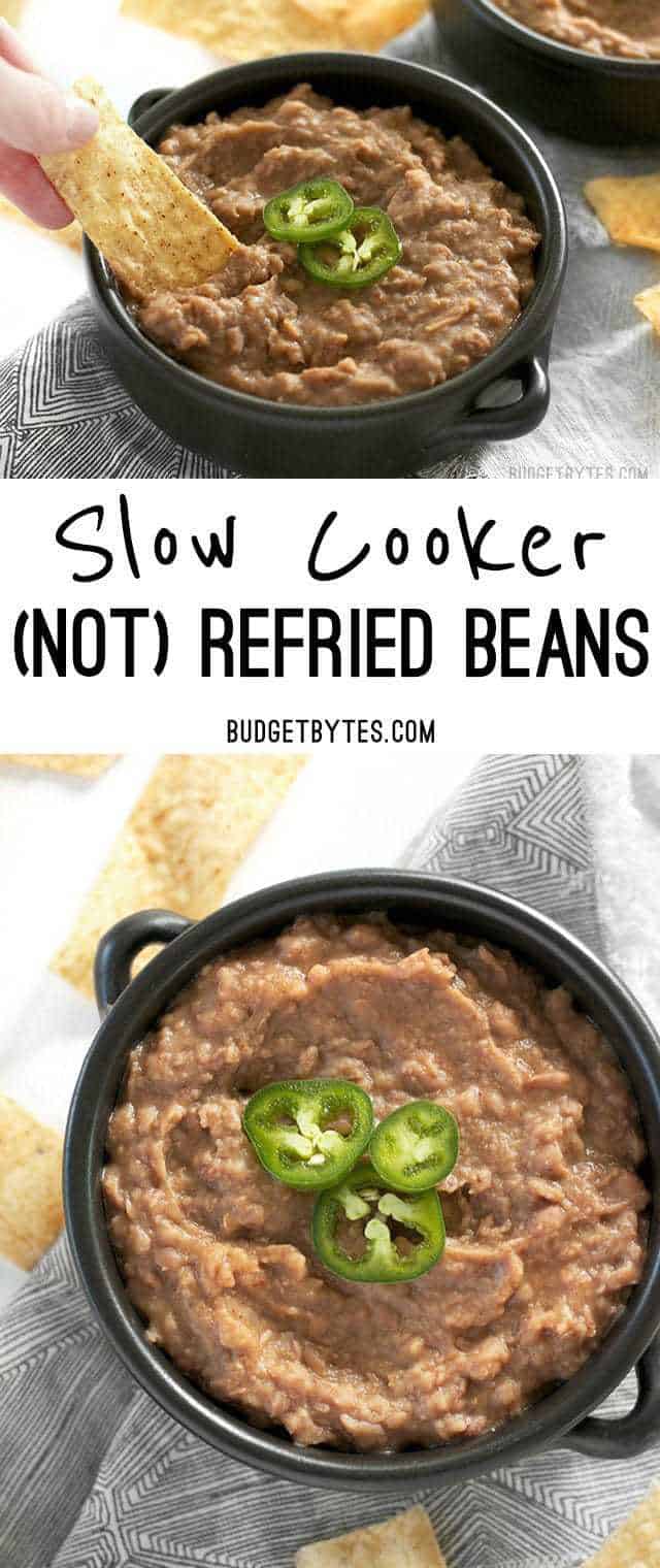 Use your slow cooker to make these low fat and incredibly flavorful (not) refried beans and barely lift a finger. BudgetBytes.com