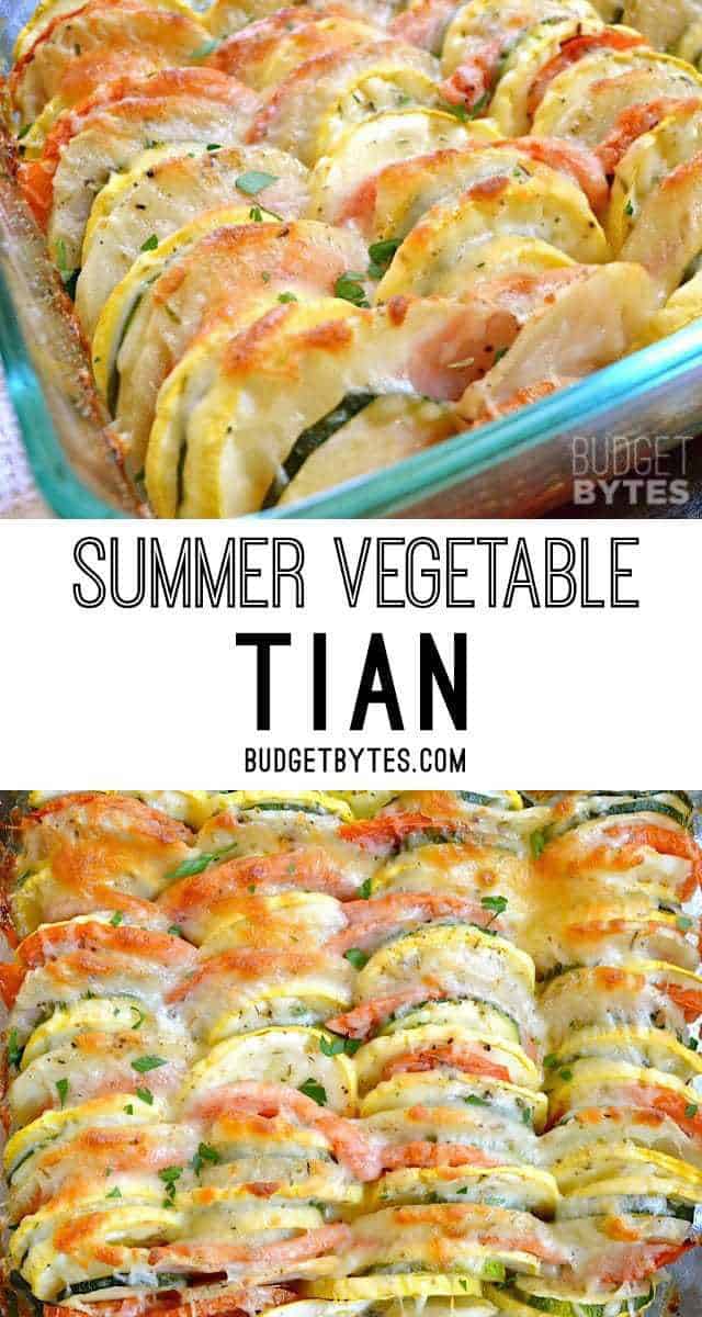 Summer Vegetable Tian combines thinly sliced roasted vegetables, savory herbs, and creamy cheese. BudgetBytes.com