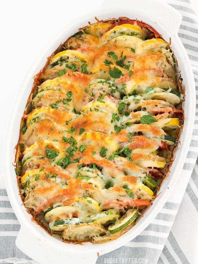 Top view of Vegetable Tian in baking dish 