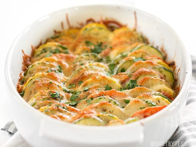 Side view of vegetable tian in baking dish 