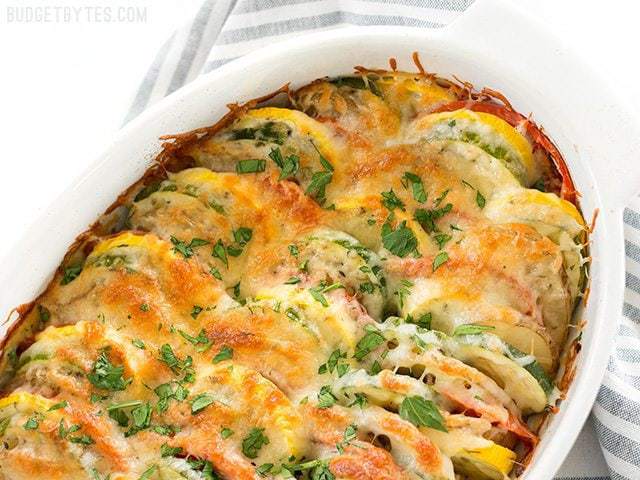 close up of vegetable tian in baking dish 