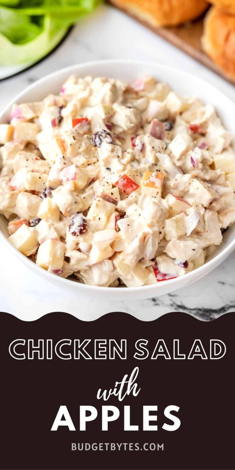 A bowl of chicken salad with apples, title text at the bottom