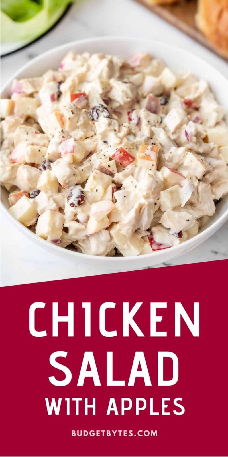 A bowl of chicken salad with apples, title text at the bottom