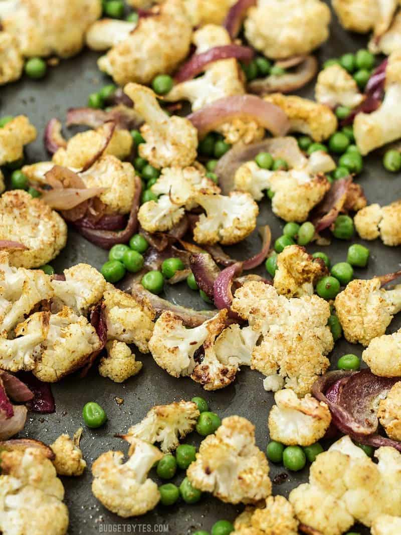 Close view of Curry Roasted Cauliflower on a sheet pan