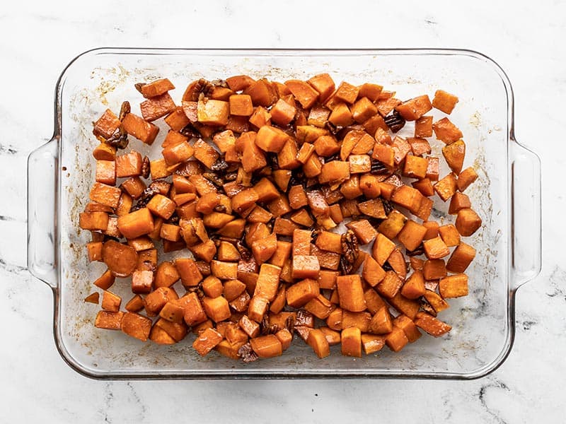 Fully roasted sweet potatoes in the casserole dish