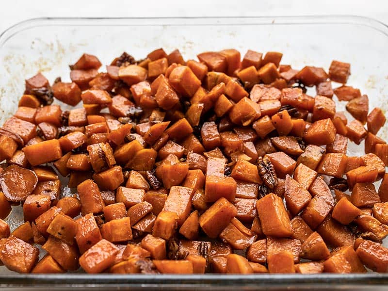 front view of roasted sweet potatoes in the casserole dish