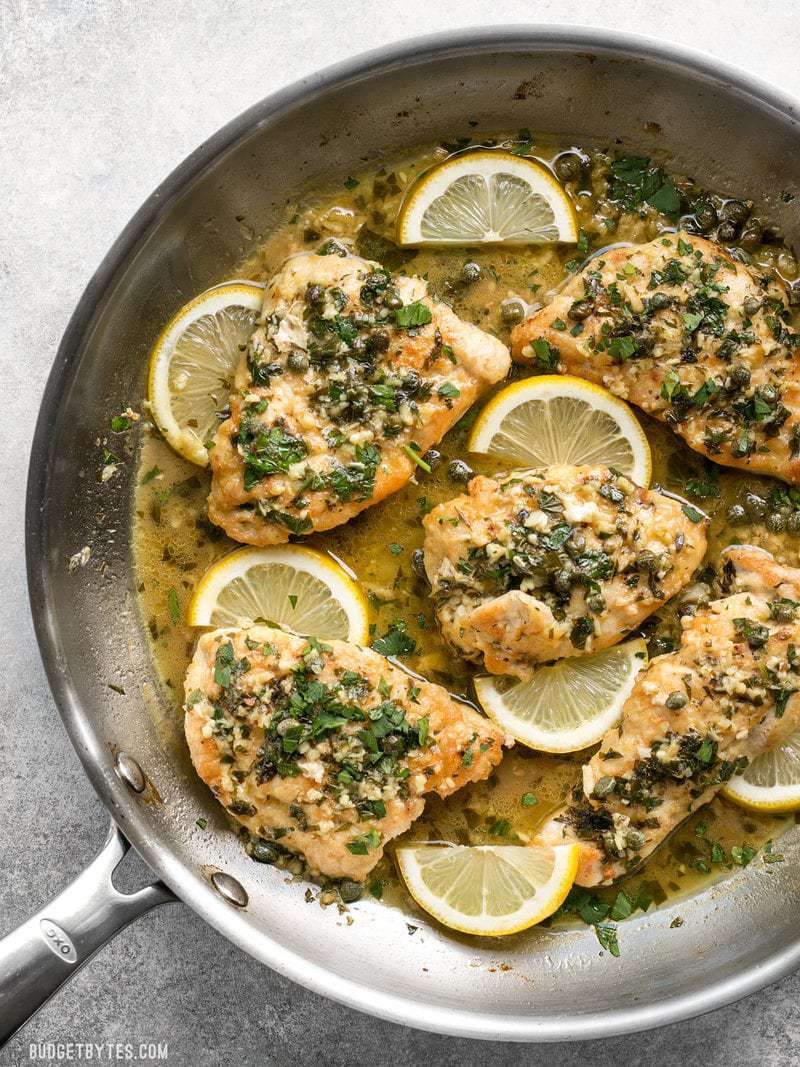 Pan full of lemony, briny, buttery, and garlicky Chicken Piccata.