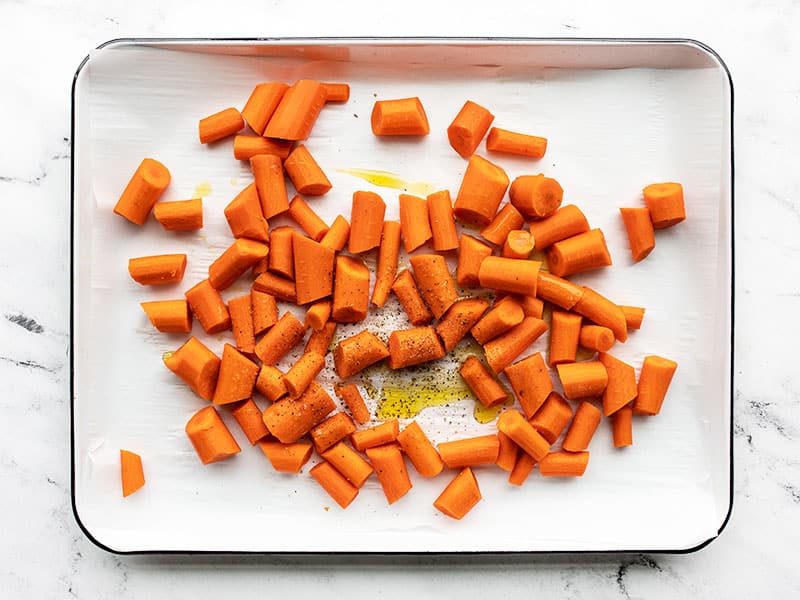 Prepped carrots on a baking sheet