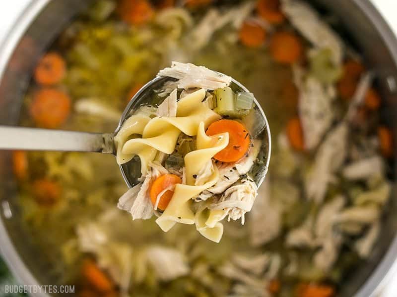 Close up view of a ladle full of homemade chicken noodle soup.