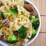 Close-up of spicy sausage pasta served in a bowl.